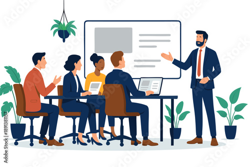 A group of business professionals engaged in a meeting with a presentation