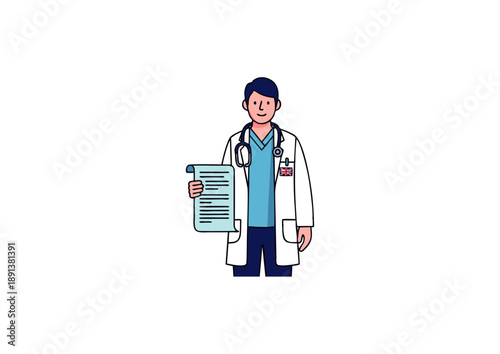 Young male doctor in a white coat holding a medical document and stethoscope, professional healthcare illustration