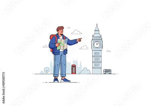 Curious tourist navigating the iconic streets of London with a map, exploring famous landmarks and enjoying a delightful travel adventure in the bustling city