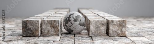 A stone globe positioned among square blocks, balance and global unity within a structured environment, global trade, AI governance