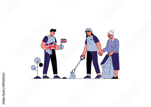British community volunteers actively participate in environmental cleanup, collecting litter to enhance public spaces and demonstrate civic pride