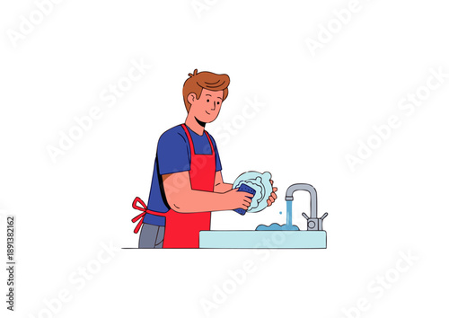 A dedicated individual engaging in the routine task of dishwashing, symbolizing responsibility and cleanliness in a modern household setting
