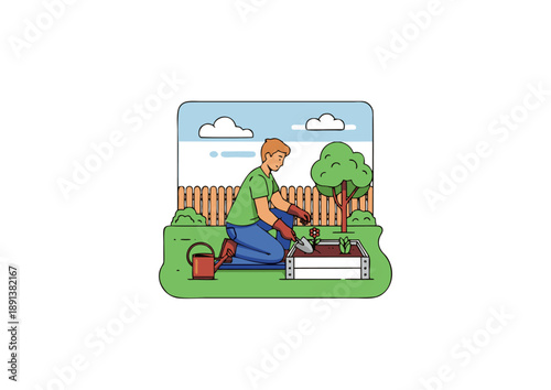 Dedicated Gardener Tending a Raised Garden Bed, Engaging in Spring Planting Activities for a Rewarding Outdoor Hobby and Connection to Nature Vector Illustration