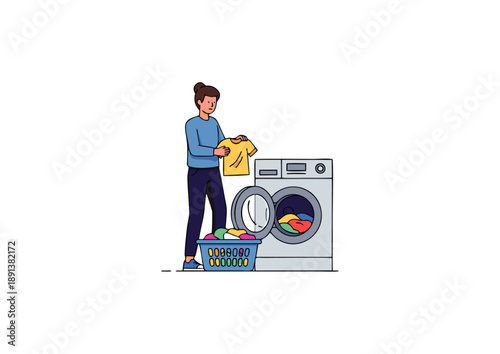 Woman doing laundry with a washing machine and basket full of clothes
