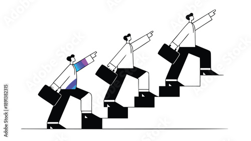 Professionals climbing staircase to success in business career growth and teamwork with a colorful accent on one of the businessmen