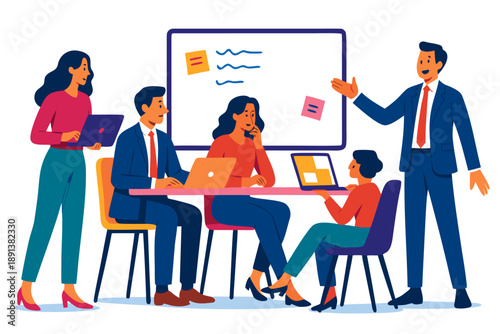 A group of business professionals engaged in a meeting with laptops and a whiteboard