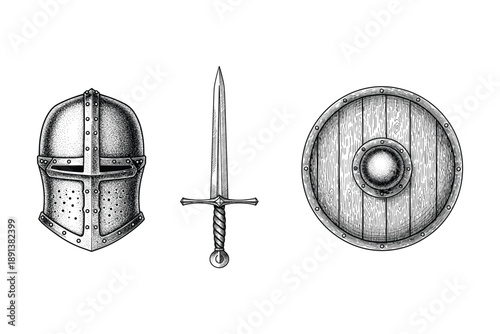 Medieval knight armor and weapon vector illustration
