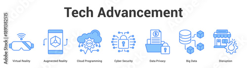 Tech Advancement web banner icon set vector illustration concept for business with icon of Virtual Reality, Augmented Reality, Cloud Programming, Cyber Security, Data Privacy.