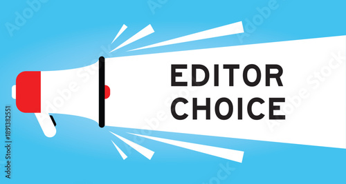 Color megaphone icon with word editor choice in white banner on blue background