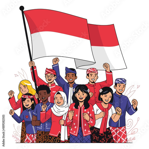 Diverse group celebrating with Indonesian flag in traditional attire.