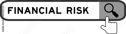Search banner in word financial risk with hand over magnifier icon on white background