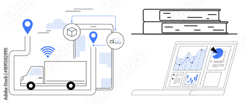 Logistics, data management, business analytics, supply chain, e-commerce, technology. Delivery truck with GPS tracking and icons, books and laptop with charts. Logistics and data management concepts