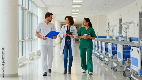 Medical professionals walking down a bright hospital corridor with beds on one side, engaged in discussion, referencing documents in a clinical setting.
