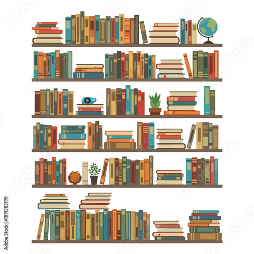 Colorful Bookshelves with Various Books and Decorative Items