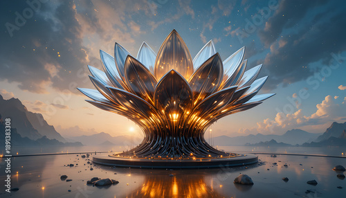 Stunning futuristic lotus temple glowing at sunset with mountains