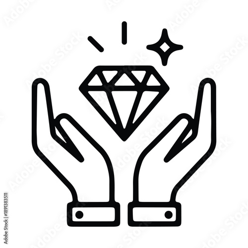 Precious Diamond Care Line Icon – Black Outline Luxury Value Protection Illustration