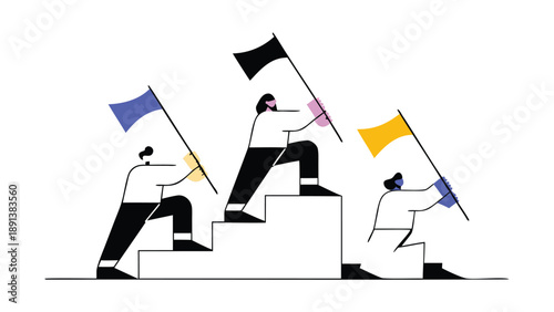 Coworkers placing flags on different levels of a staircase symbolizing teamwork and achievement in business