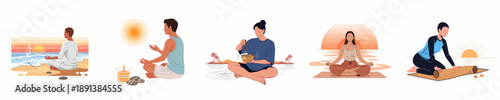 Wellness and Mindfulness Practices: Diverse People Meditating on the Beach, Enjoying Aromatherapy, Yoga, and Tibetan Singing Bowls at Sunset.
