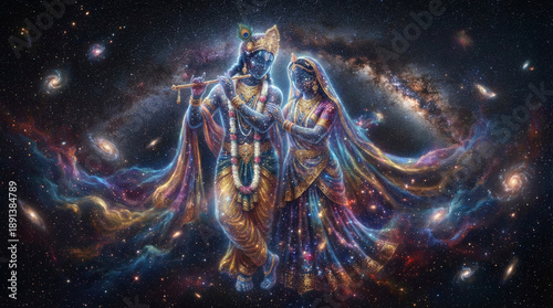 Radha Krishna Cosmic Portrait: Divine Couple Amidst Swirling Galaxies and Stars