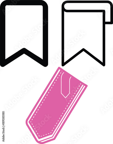 Bookmark icons and pink tag sleeve graphic for reading material library organization book tracking and literature study aids