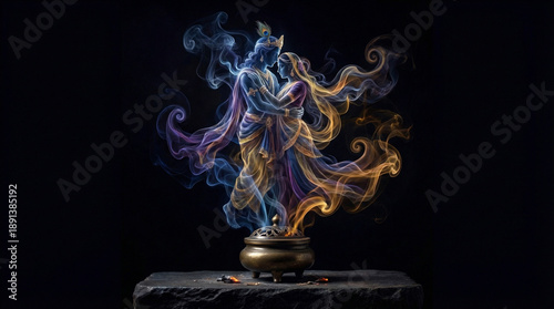 Lord Krishna and Radha in Divine Smoke Art, Eternal Love and Spirituality