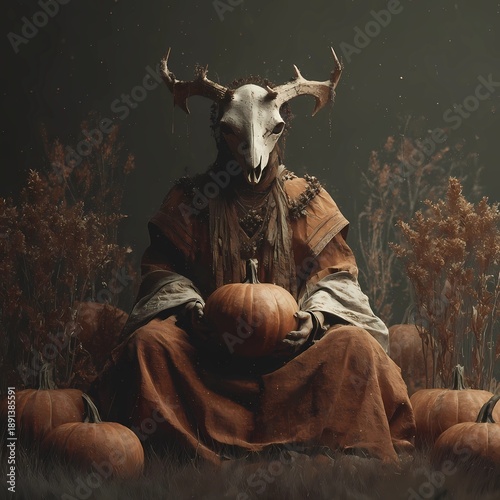 Mystical horned figure holding a pumpkin in an autumn field