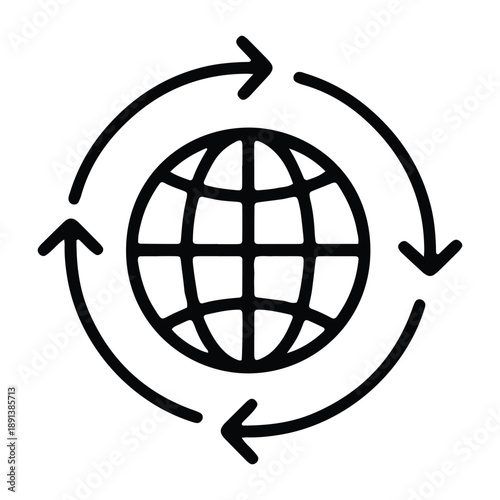Global Refresh Arrows Line Icon – Black Outline World Sync Illustration