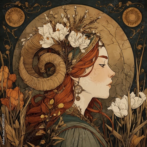 Art Nouveau portrait of a red-haired woman with ram horns surrounded by flowers