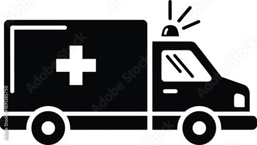 Black and white illustration of an ambulance with a medical cross symbol on the side and flashing lights on top, representing emergency medical services