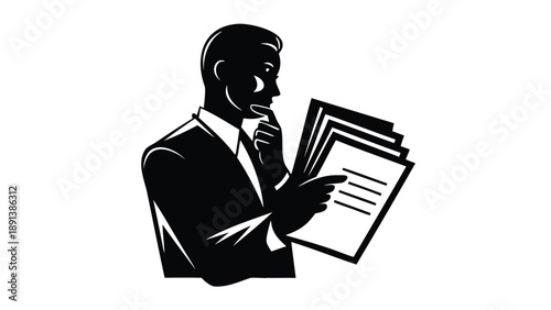 Vector illustration of a businessman reading documents and thinking, black silhouette on white background, for presentation or website, isolated on transparent background, png