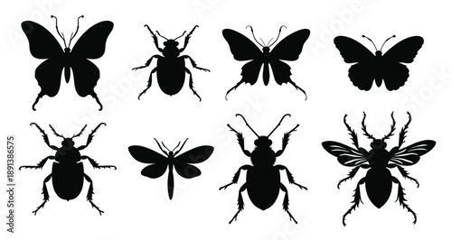  collection of detailed black insect silhouettes against