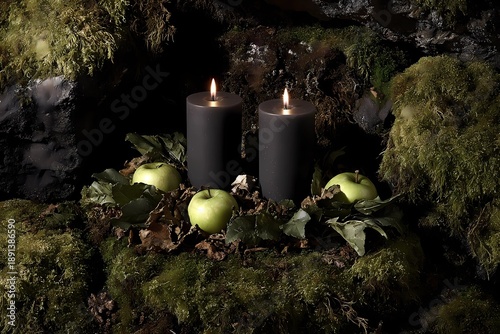 decoration with candles, Samhain pagan festival, dark candles, autumn leaves, apples, moss, moody forest background