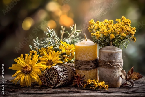Litha summer solstice, sunlit herbs and wildflowers, candles outdoors, warm sunlight rays, lush green meadow