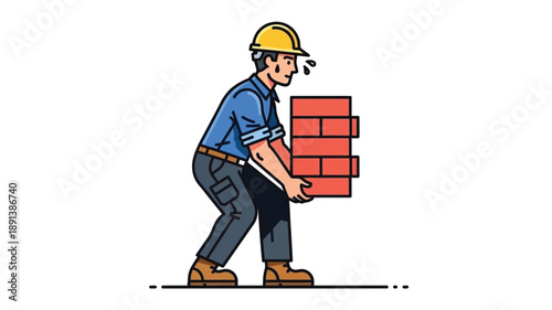 Man in hardhat carrying heavy bricks on construction site illustration 