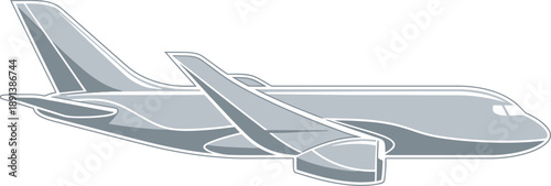 Clean vector graphic of a sleek passenger aircraft, symbolizing air travel, speed, and worldwide connections