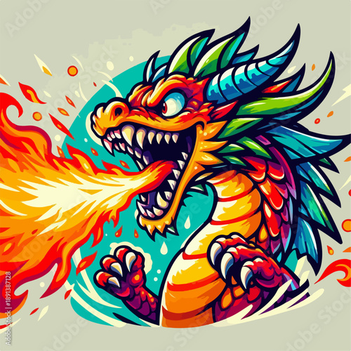 Illustration of a cartoon character of a dragon breathing fire