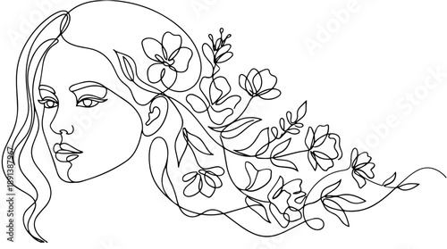 Minimalist Woman Face with Flowers - Continuous Line Art Vector