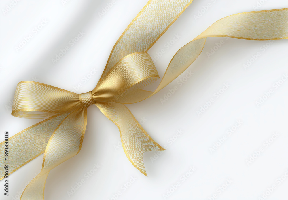Fototapeta premium Elegant gold ribbon tied in a bow with shimmering edges on a clean white background