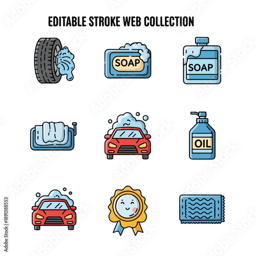 Car Wash Icons Set with Soap and Tools.