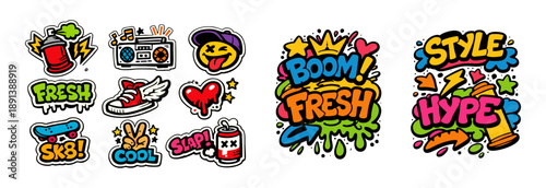Vibrant collection of graffiti-style stickers and typography, featuring street culture icons like skateboards, spray cans, and hype slogans.