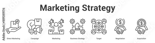 Marketing Strategy web banner icon set vector illustration concept for business with icon of Direct Marketing, Campaign, Marketing, Business Strategy, Targ.