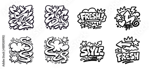 A collection of bold black and white graffiti elements including stars, arrows, crowns, and word tags in an urban street art style.