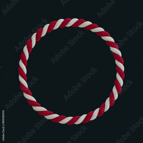 Red and white twisted rope forming a perfect circle against a dark background