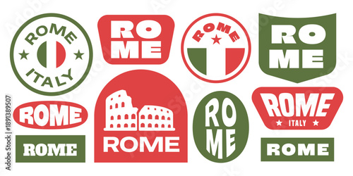 Rome Italy typography stickers, patchs, badges, and logos collection. 
