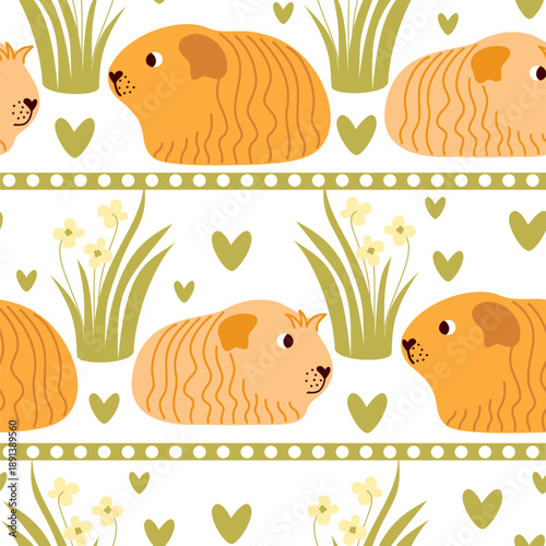 Vector seamless pattern with cute guinea pigs and flowers