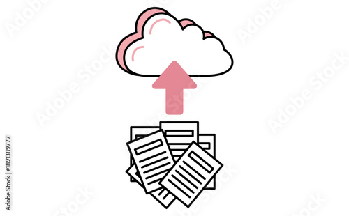 ペーパーレス化で事務作業を効率化するイラスト 紙書類をクラウドへデータ化しアップロードする様子 