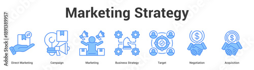 Marketing Strategy web banner icon set vector illustration concept for business with icon of Direct Marketing, Campaign, Marketing, Business Strategy, Targ.