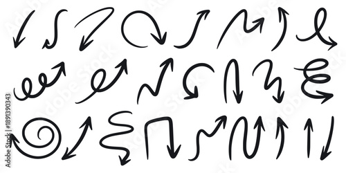 Black arrow icons set. Hand-drawn pointers, direction, cursor, rise and movement. Whimsical wavy, turning, spiral lines. Vector graphics