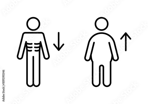 Weight loss and gain icons. Editable stroke. A thin man and a fat man simple signs