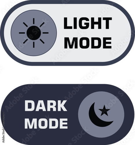 Modern UI toggle switch icons for light mode and dark mode theme selection in apps and websites.